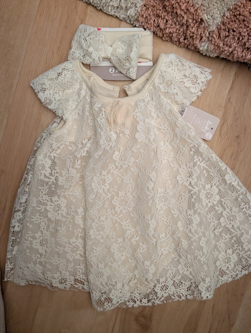 Baby Starters Cream Lace Floral Party Dress with Bow Headband